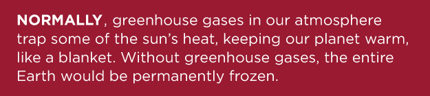 NORMALLY greenhouse gasses in our atmosphere trap some of the sun's heat, keeping our planet warm like a blanket. Without greenhouse gasses the entire Earth would be permanently frozen